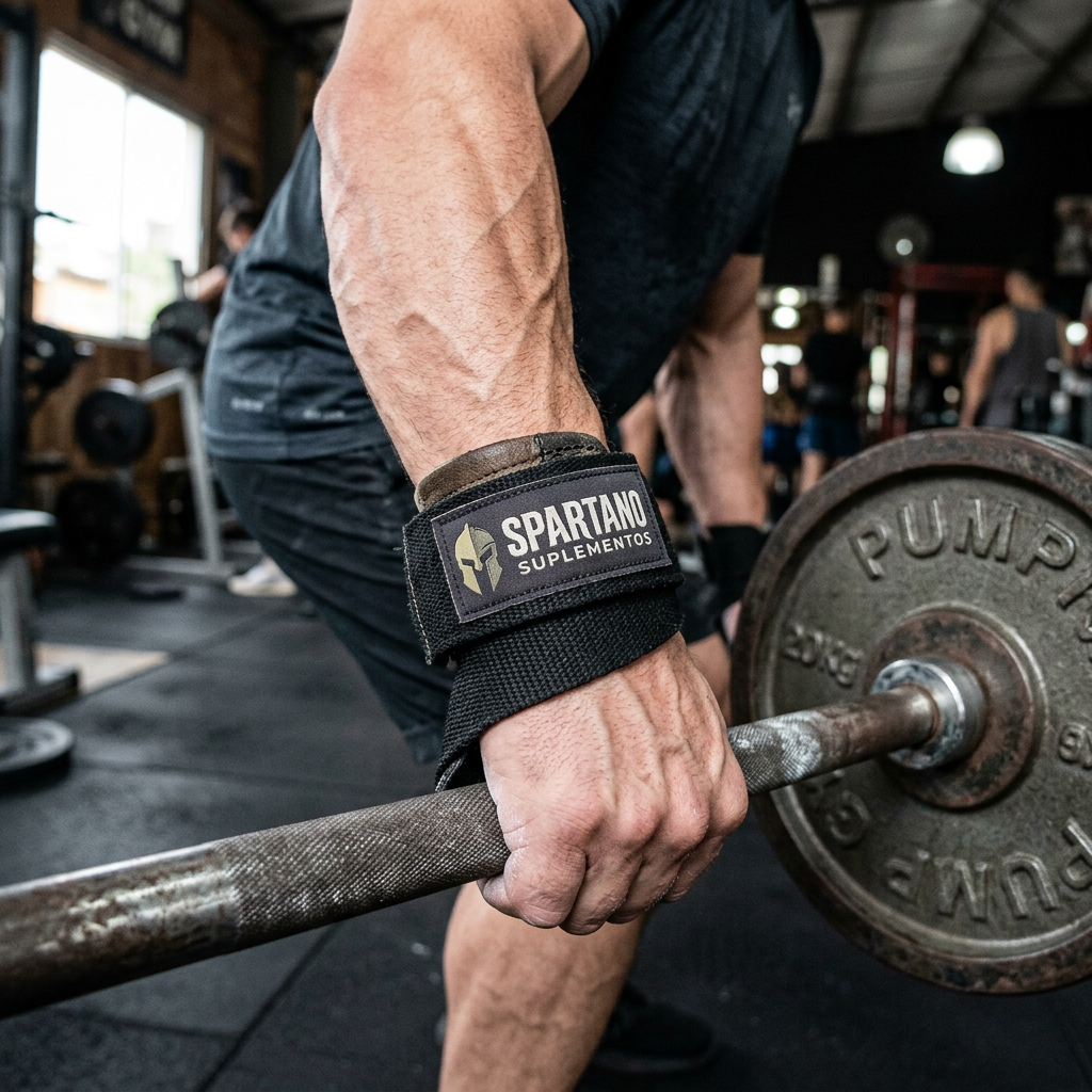 Close-up of muscular arm gripping a barbell with Spartan wrist wrap