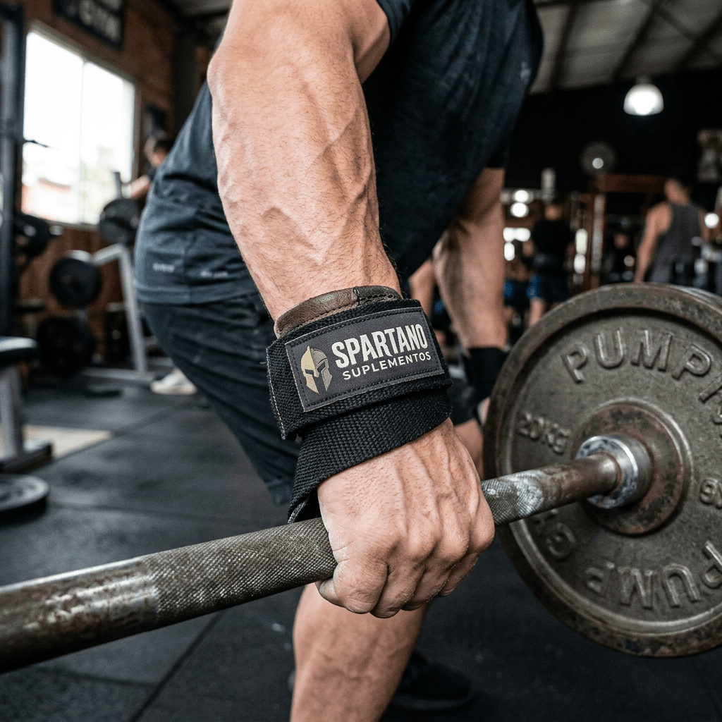 Close-up of muscular arm gripping a barbell with Spartan wrist wrap