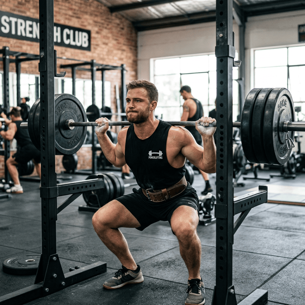 Man performing a barbell squat in a gym power rack