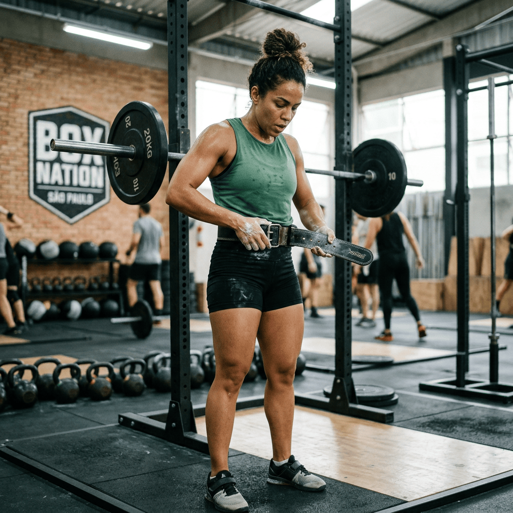 Athlete tightening a lifting belt beneath a loaded barbell in a gym