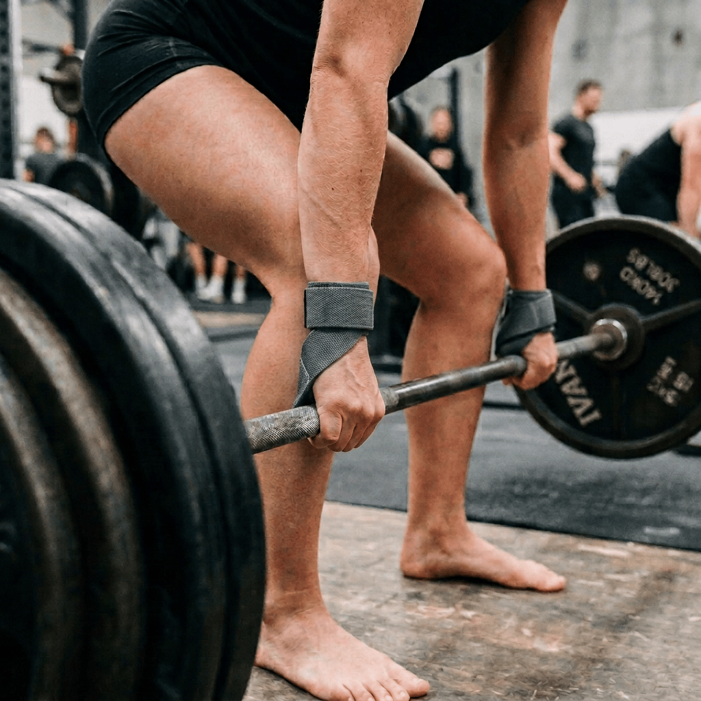 Athlete lifting a heavily loaded barbell in a gym