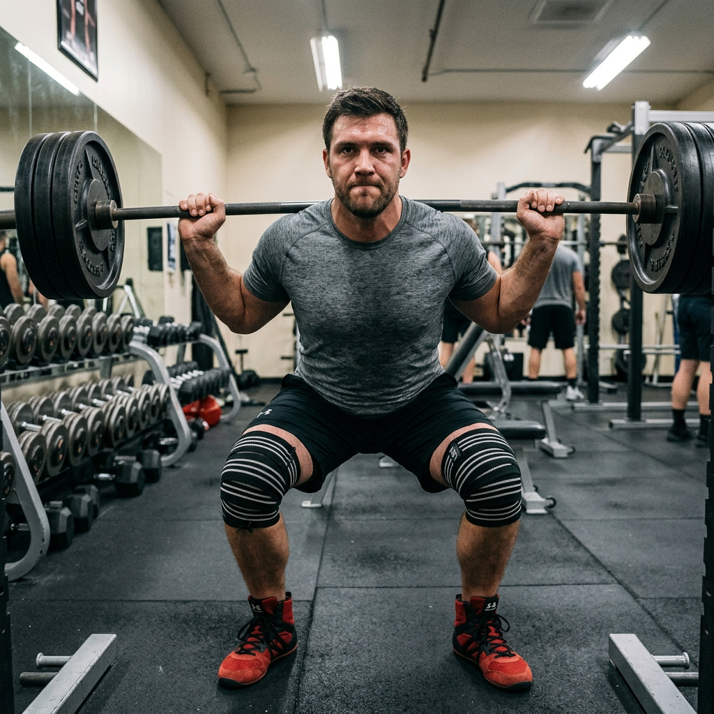 Man tightening black knee wraps while seated on a gym bench