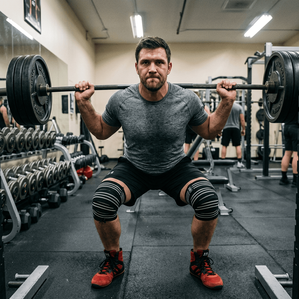 Man tightening black knee wraps while seated on a gym bench