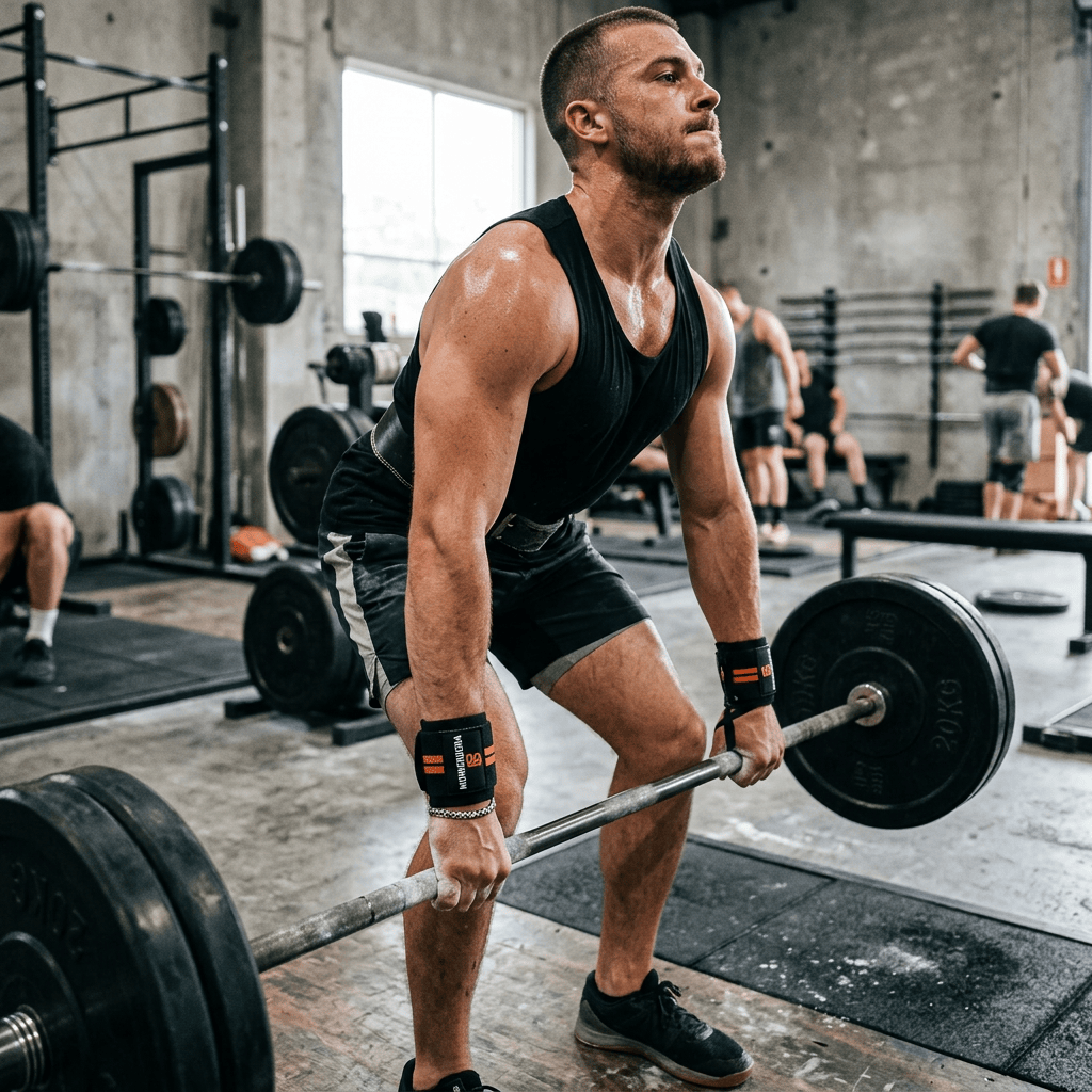 Athlete lifting a heavily loaded barbell during a deadlift in a gym