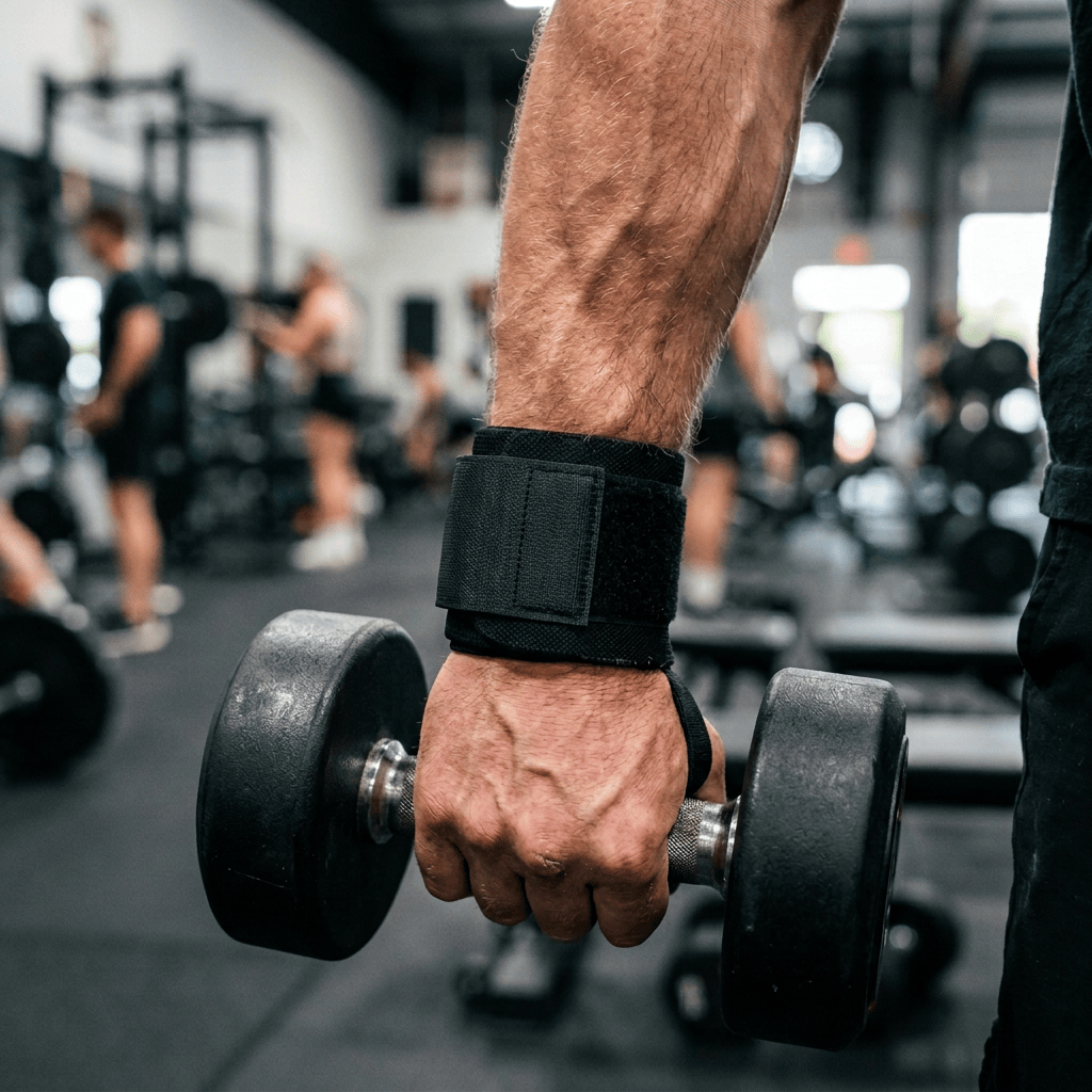 Hand gripping a dumbbell while wearing a Harbinger wrist support