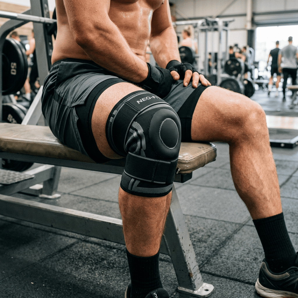 Athlete wearing a black knee brace while seated on a gym bench
