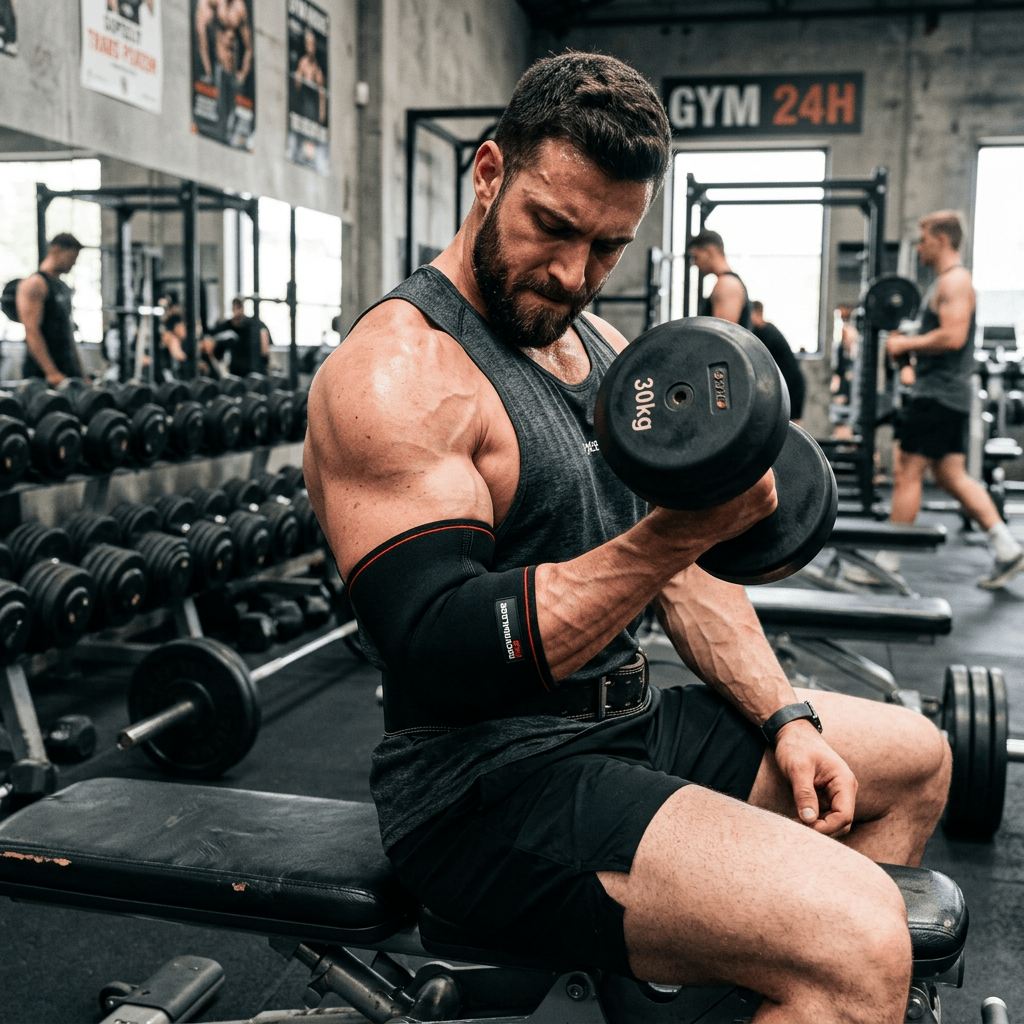 Athlete performing a seated dumbbell curl with a 30-kilogram weight