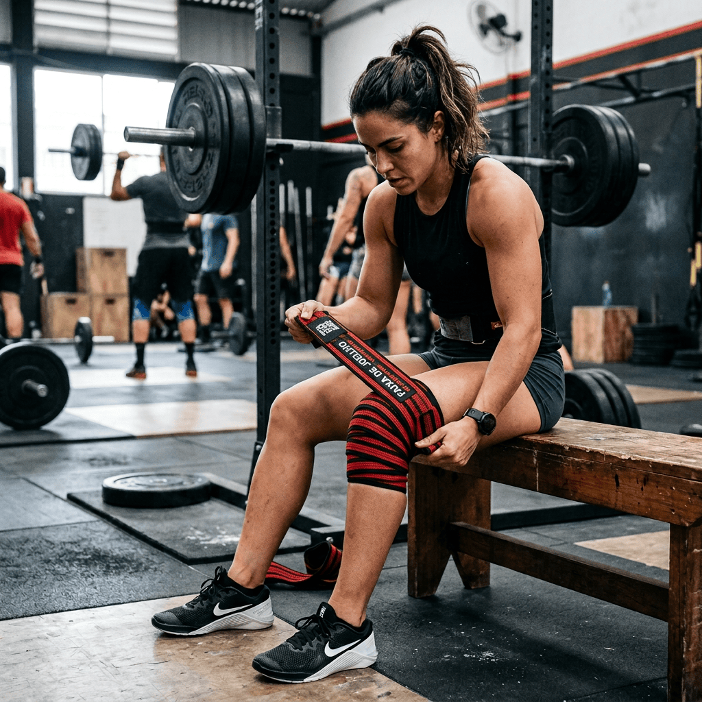 Athlete seated on a bench tightening red knee wraps before weightlifting
