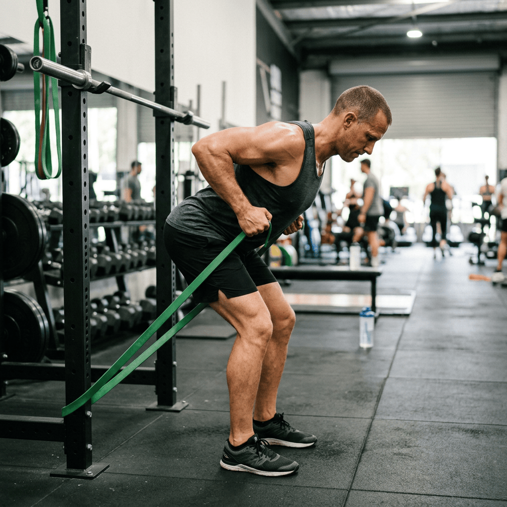 Athlete performing a resistance band exercise in a gym