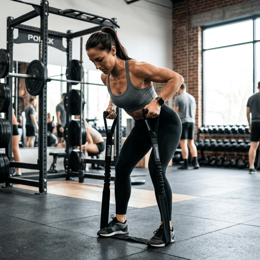 Woman performing a resistance-band back exercise in a gym